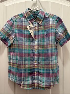 Polo by Ralph Boys Sz 5 NWT Linen Plaid Button-Up Shirt Summer Preppy